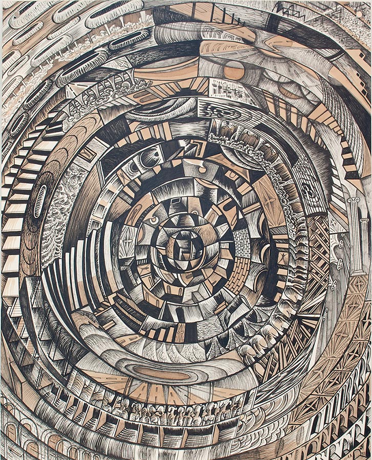 Alejandro Aguilera, Black City, 2012, ink and coffee on paper, 40 x 30 inches