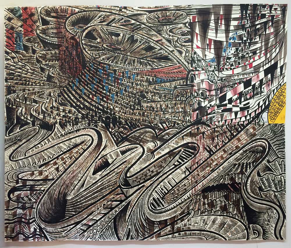 Alejandro Aguilera, Blue and Red Convention, ink, acrylic, watercolor, collage, and graphite on paper, 79 1/2 x 98 inches, 2013