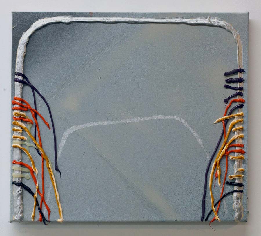 Eleanor Aldrich, Lawn Chair, 2013, Construction caulking, enamel, silicone and oil on canvas, 16 x 18 inches